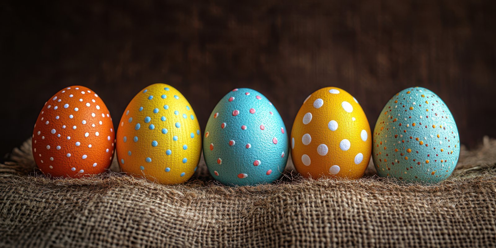 Colorful decorated eggs arranged on burlap fabric for Easter celebration in a warm, inviting atmosphere